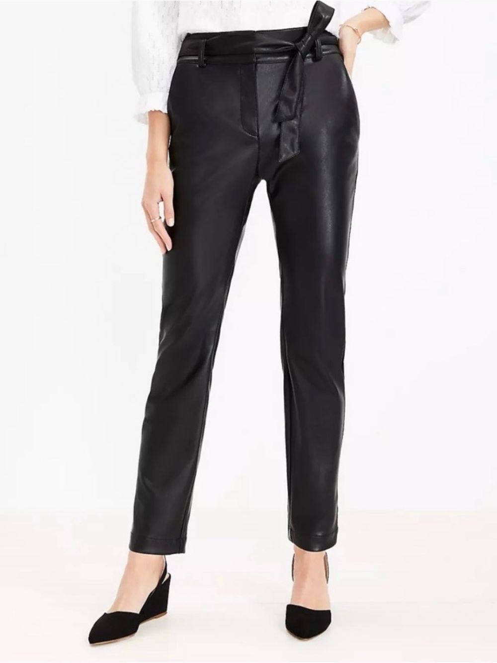 LOFT Vegan Faux Leather Sash Tie Belt Curvy Straight Pant in Black Size 8 NWT